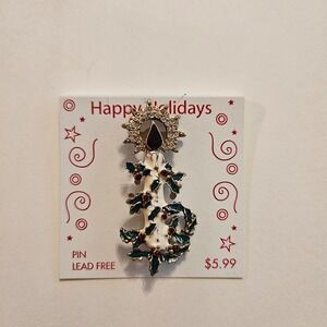 Vintage Kmart Happy Holidays Candle & Holly Pin Lead Free Enamel Brooch NWT 1990